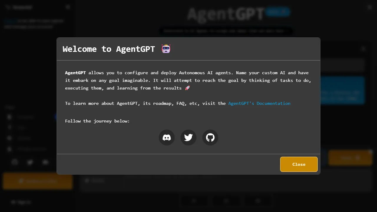 Captura de la interfaz de AgentGPT mostrando el panel principal