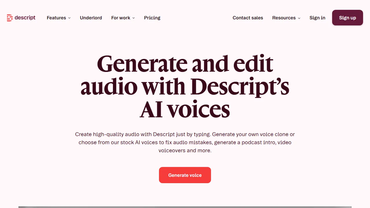 Captura de la interfaz de Descript AI Voice mostrando el panel principal