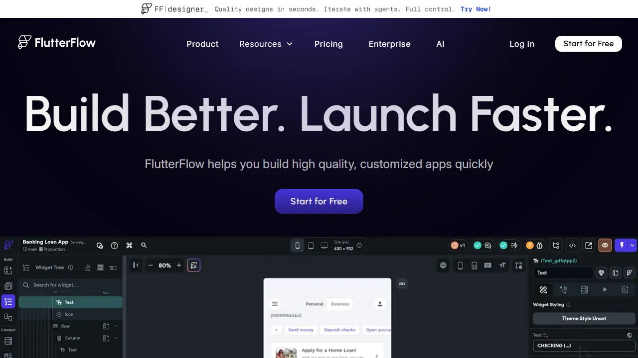 Captura de la interfaz de FlutterFlow mostrando el panel principal
