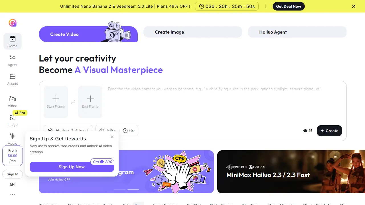 Captura de la interfaz de Hailuo AI mostrando el panel principal