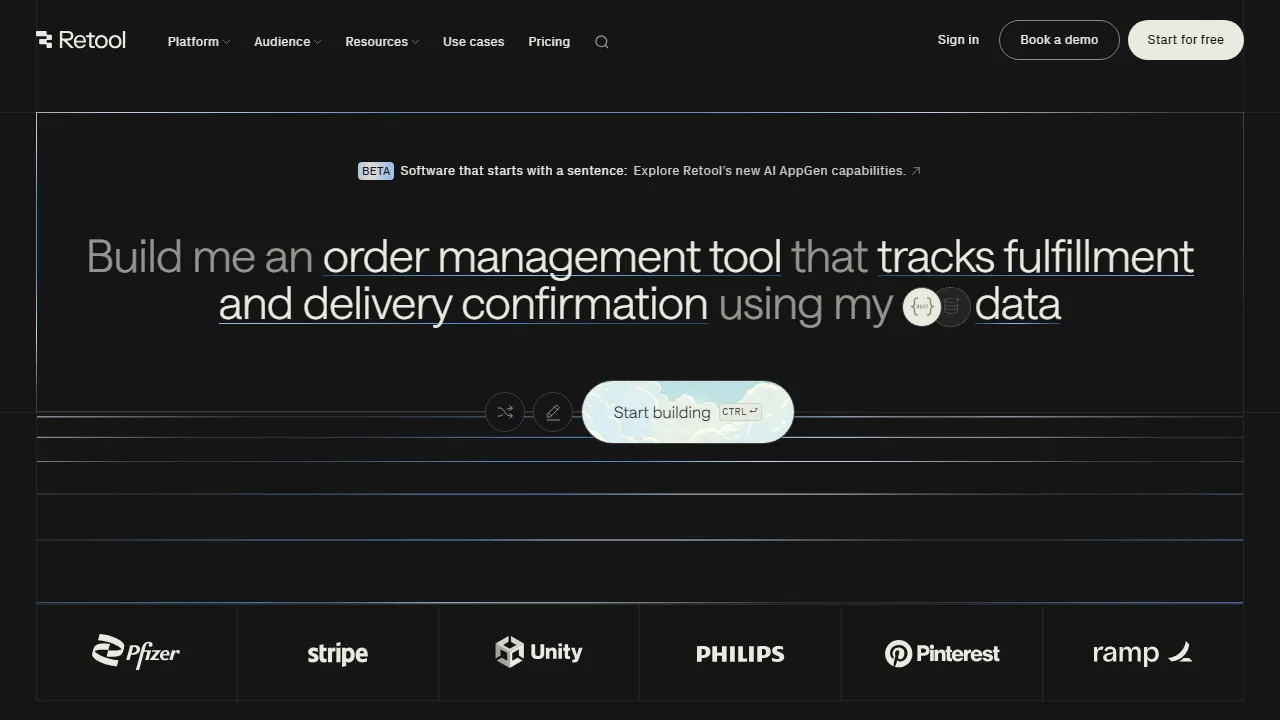 Captura de la interfaz de Retool AI mostrando el panel principal