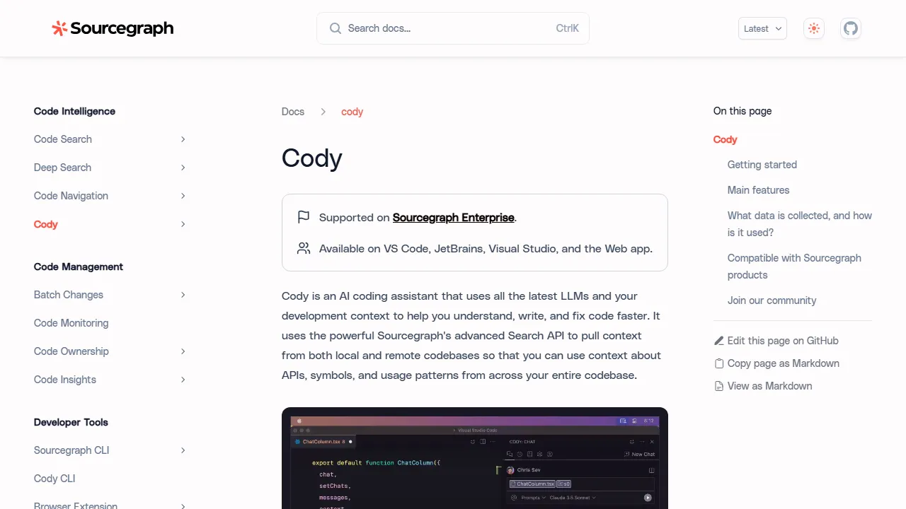 Captura de la interfaz de Sourcegraph Cody mostrando el panel principal