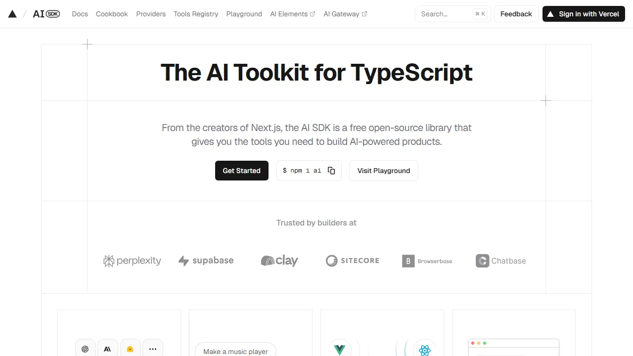 Captura de la interfaz de Vercel AI SDK mostrando el panel principal
